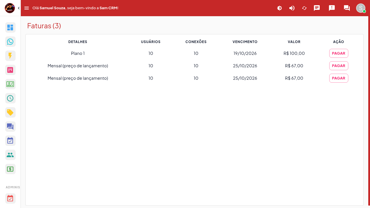 Tela de faturas do Sam CRM com plano de lançamento
