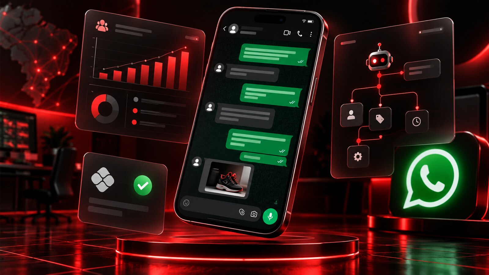 Celular com conversa de WhatsApp, painel de resultados, robô e Pix